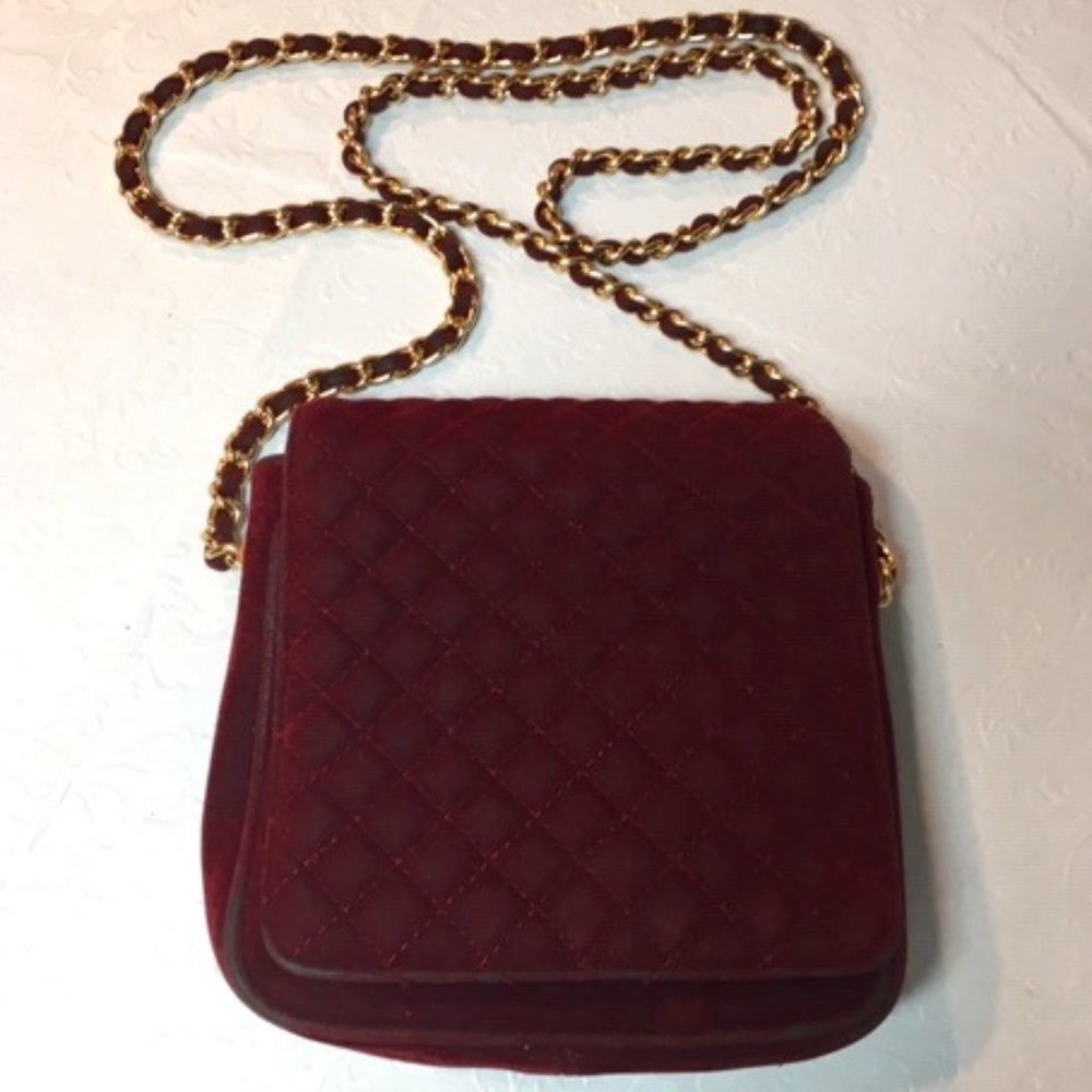 VTG Lord & Taylor Maroon Velvet Quilted Shoulder Cross Body Bag